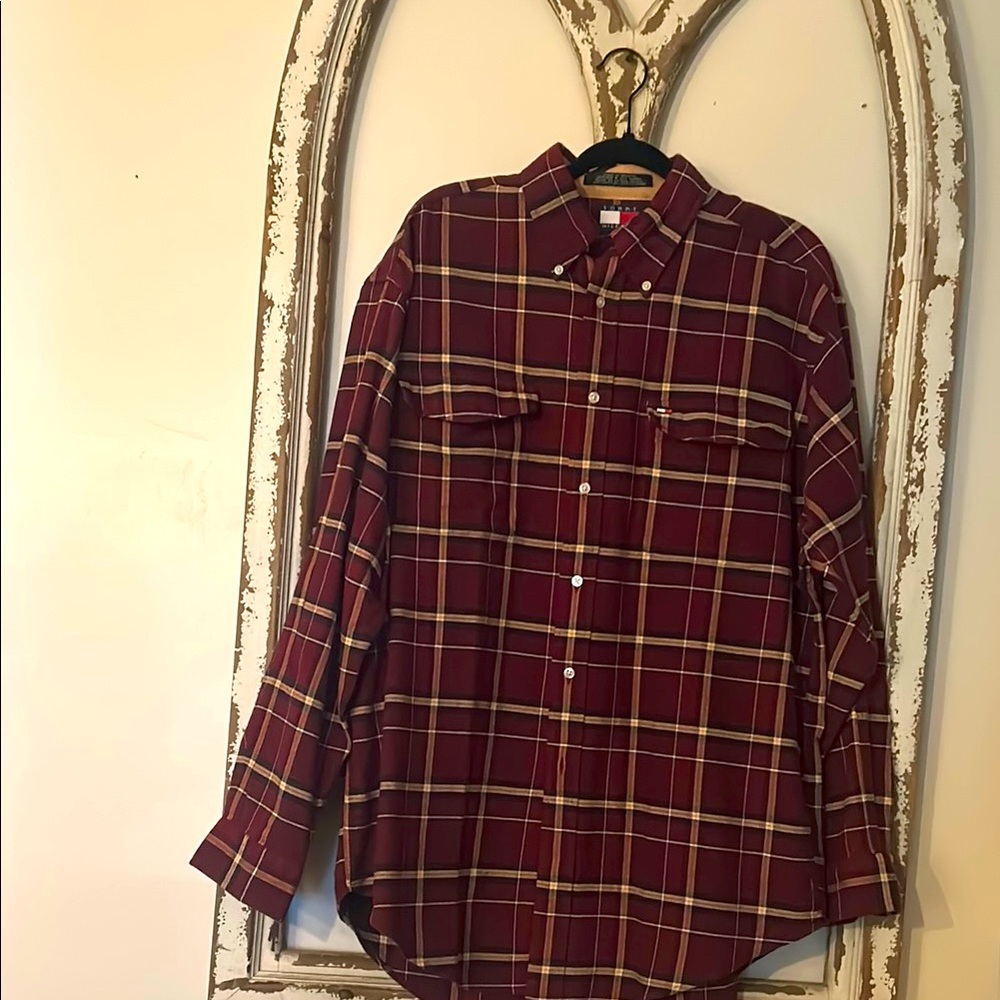 Worn Once! Tommy Hilfiger Men's Burgundy Plaid Shirt Size Large